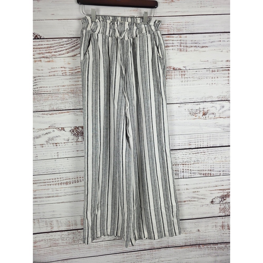 Happily Grey Linen Blend Pull On Pants M Womens Striped Pockets High Rise Beachy